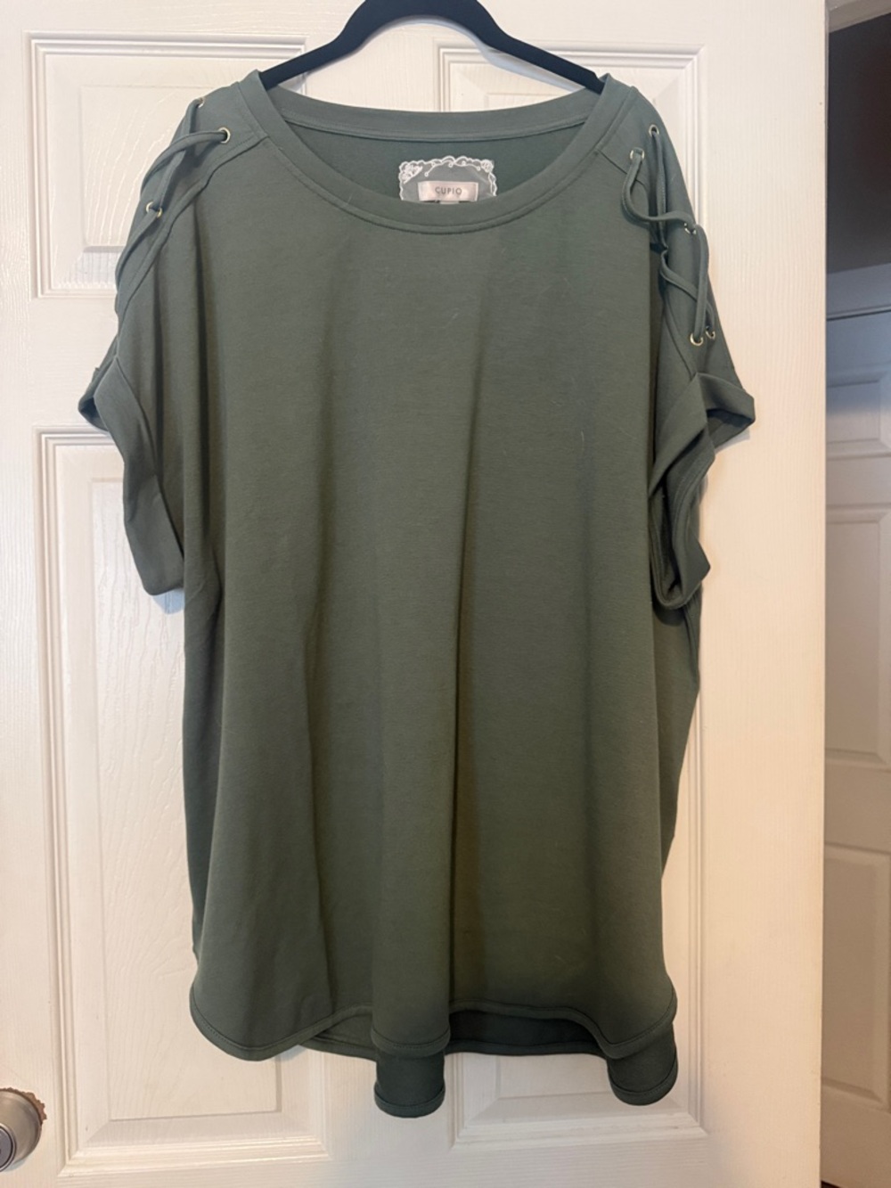 Cupio Olive Cold-Shoulder Grommet Lace-Up Sweatshirt